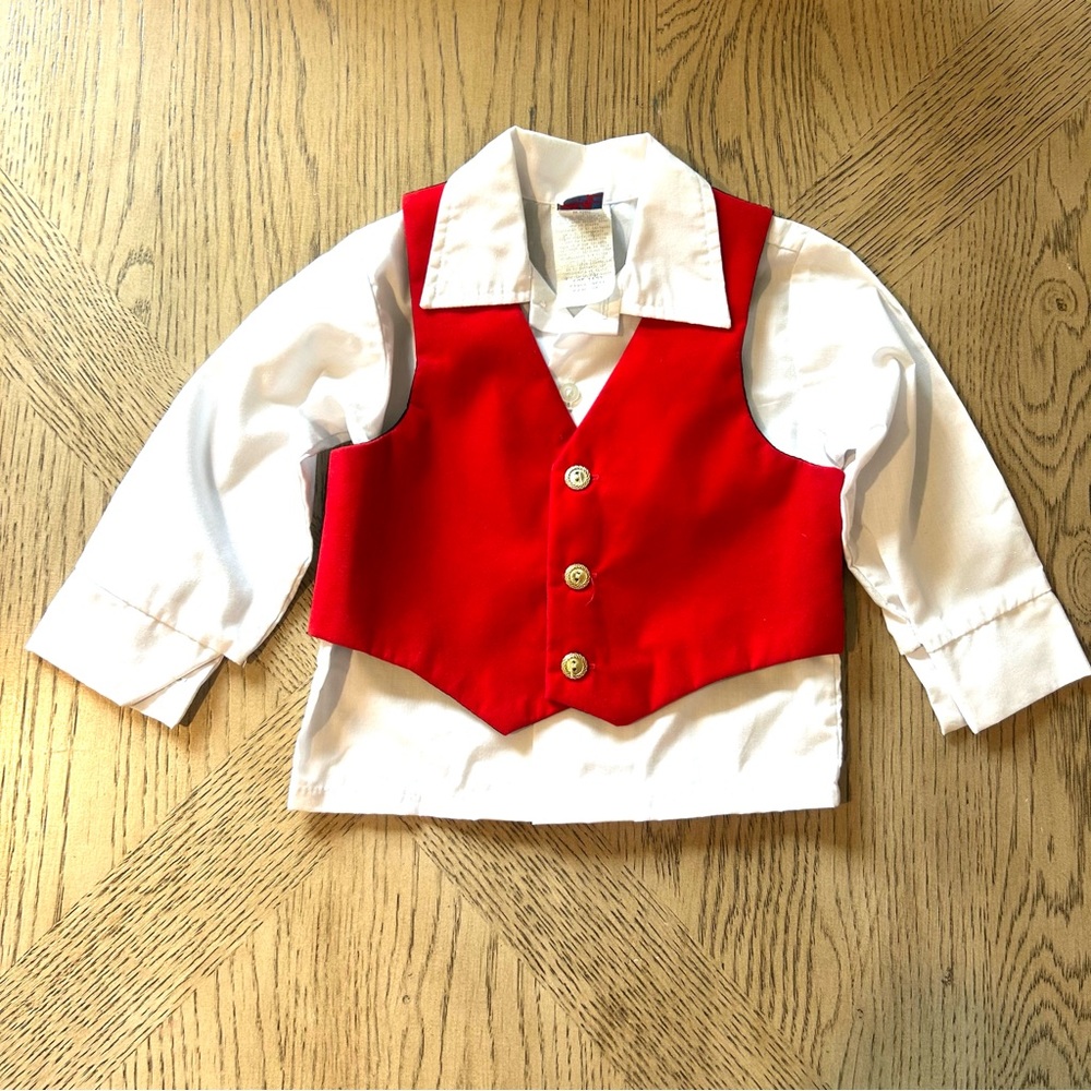 VTG 80’s Happy Fella Baby Boy 3T Red Classic Holiday Vest And Button Up Shirt